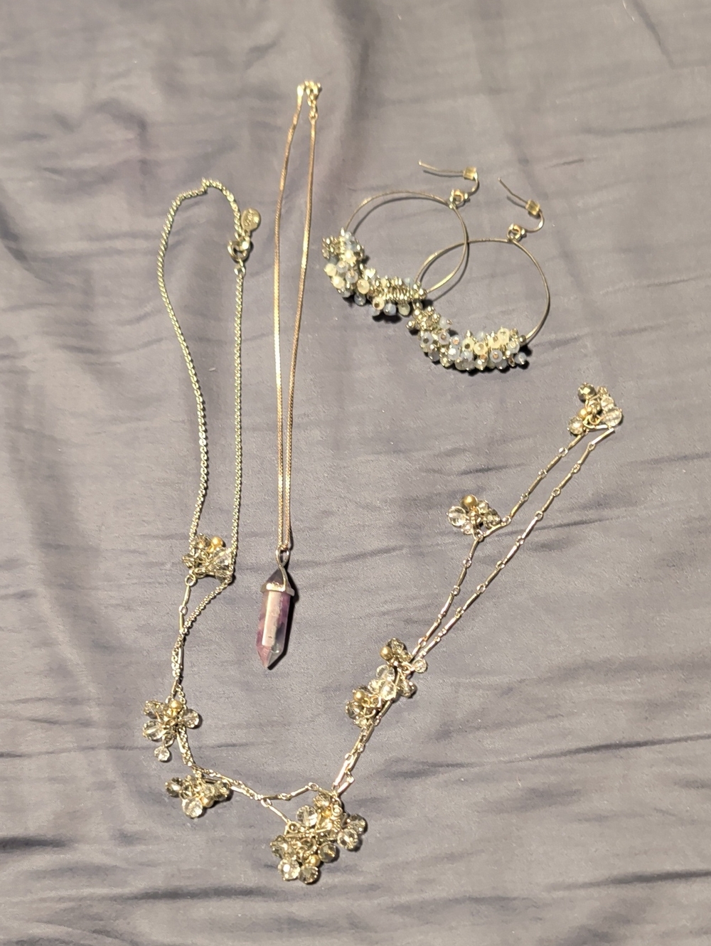 Siler-Tone Beaded Necklace, Purple Sterling & Hoop Earring Set With Blue Beads